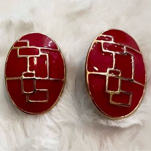Red & Gold Oval Enamel Vintage Clip On Earrings